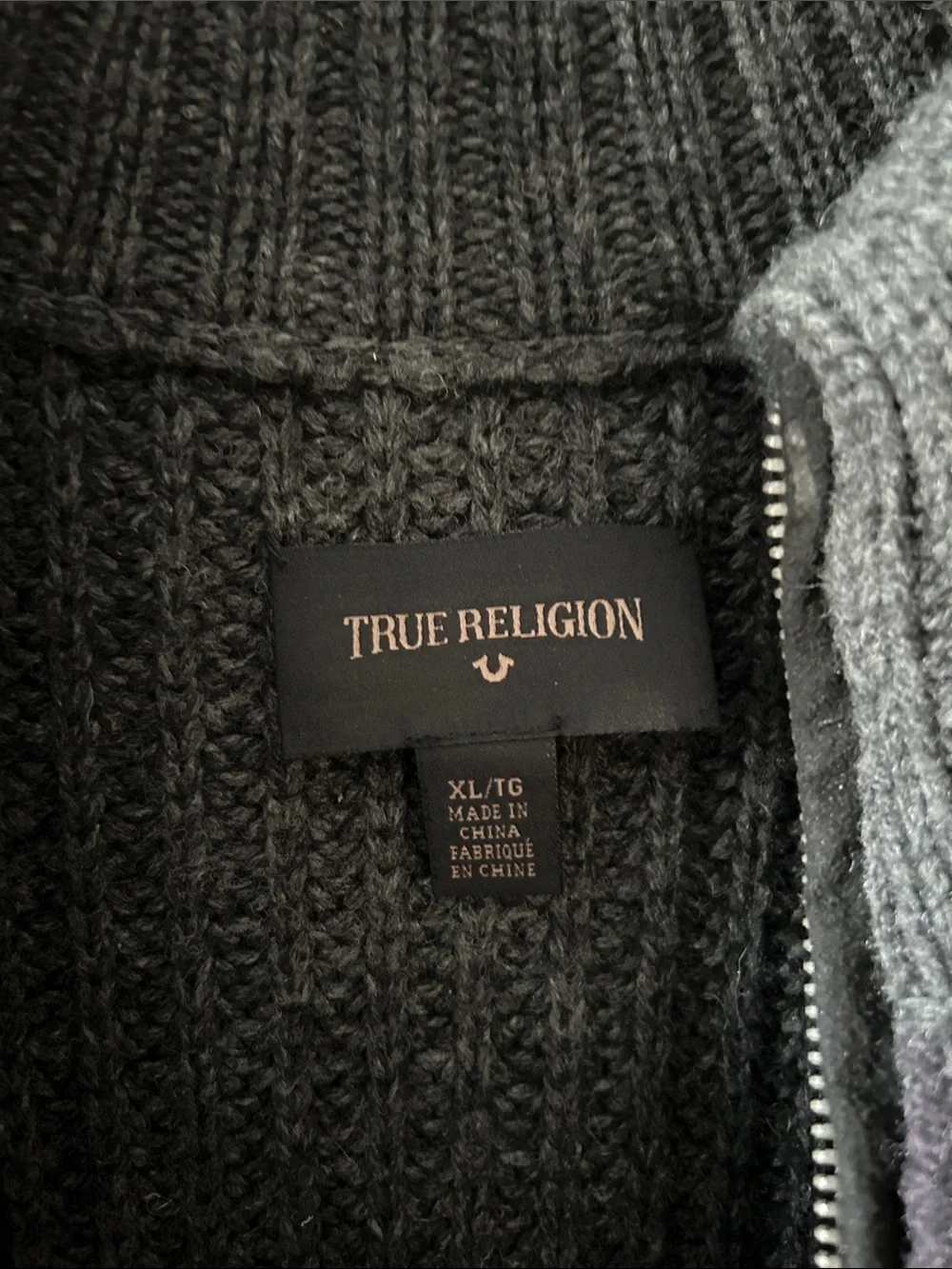 True Religion Men's Dark Gray Camo Zip Rib Knit Sweater with Purple & Teal Tones
